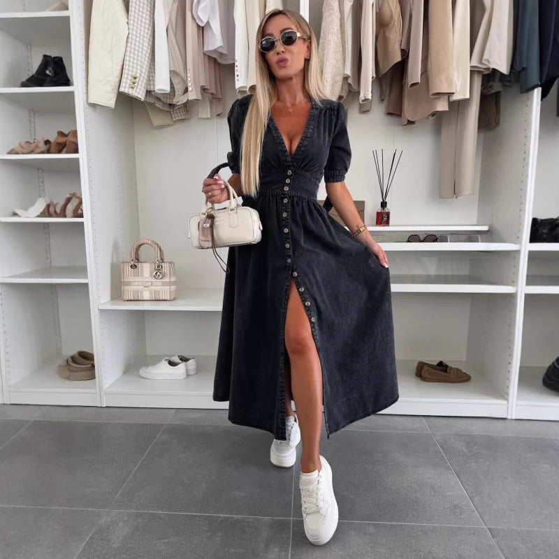 Robe en denim sexy à col en V