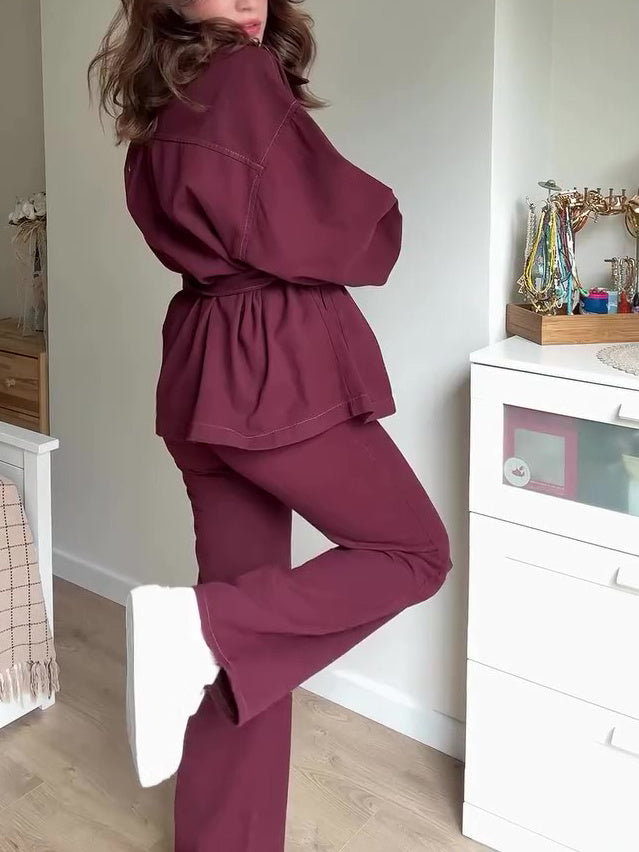 Ensemble Veste Ceinturée et Pantalon Taille Haute