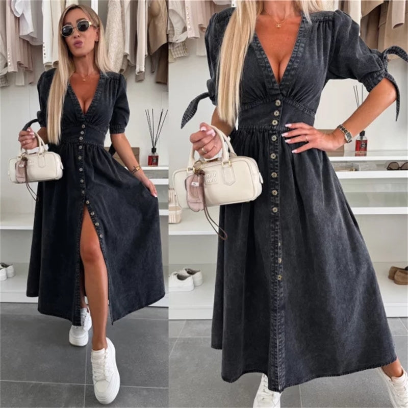 Robe en denim sexy à col en V