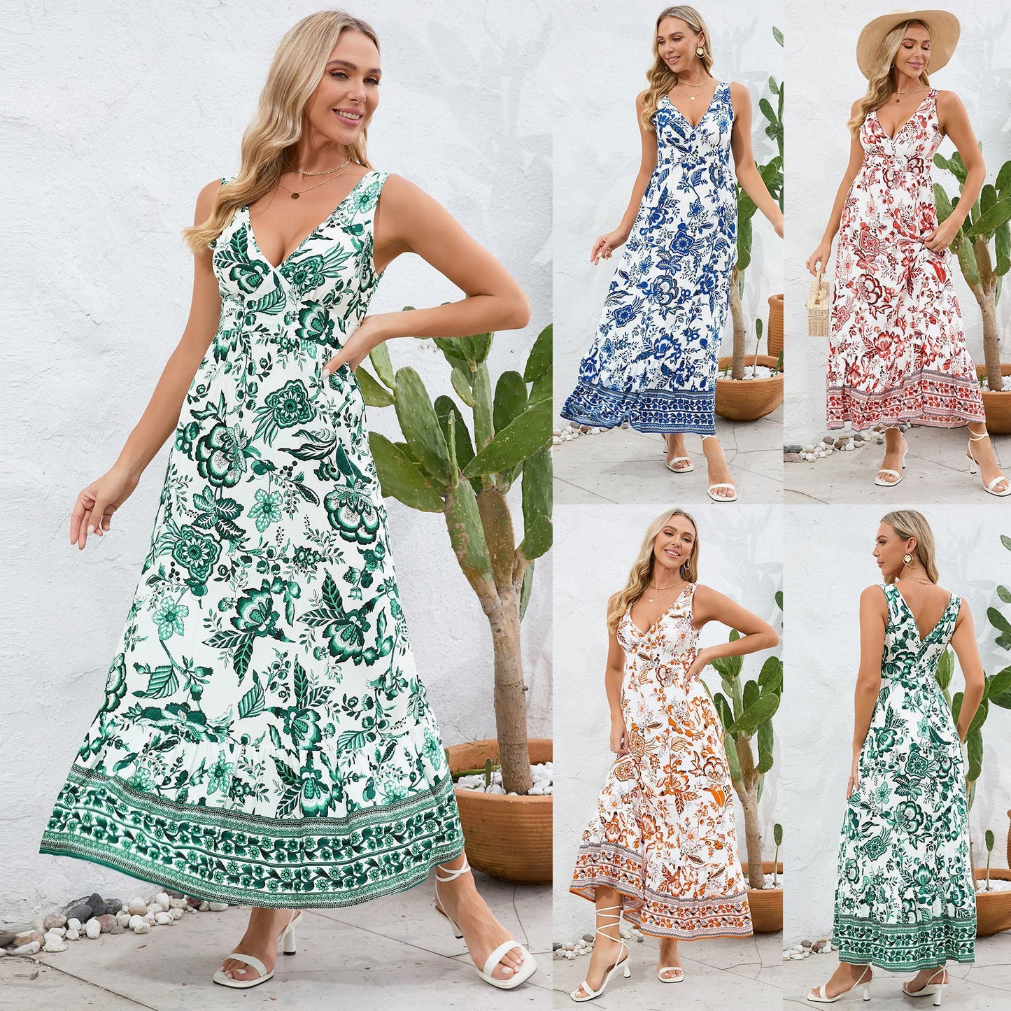 Robe Longue Fleurie à Col en V
