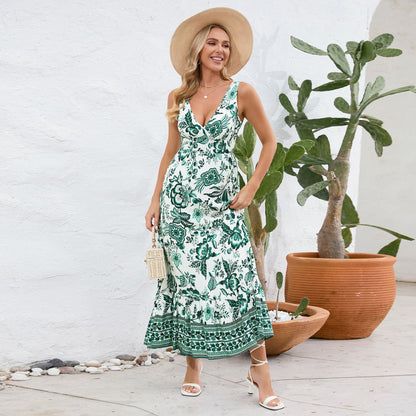 Robe Longue Fleurie à Col en V