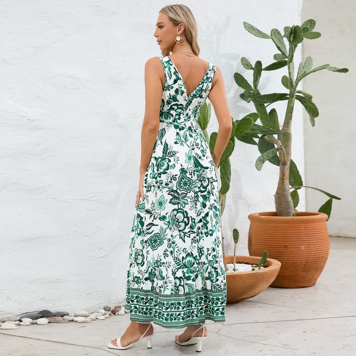 Robe Longue Fleurie à Col en V