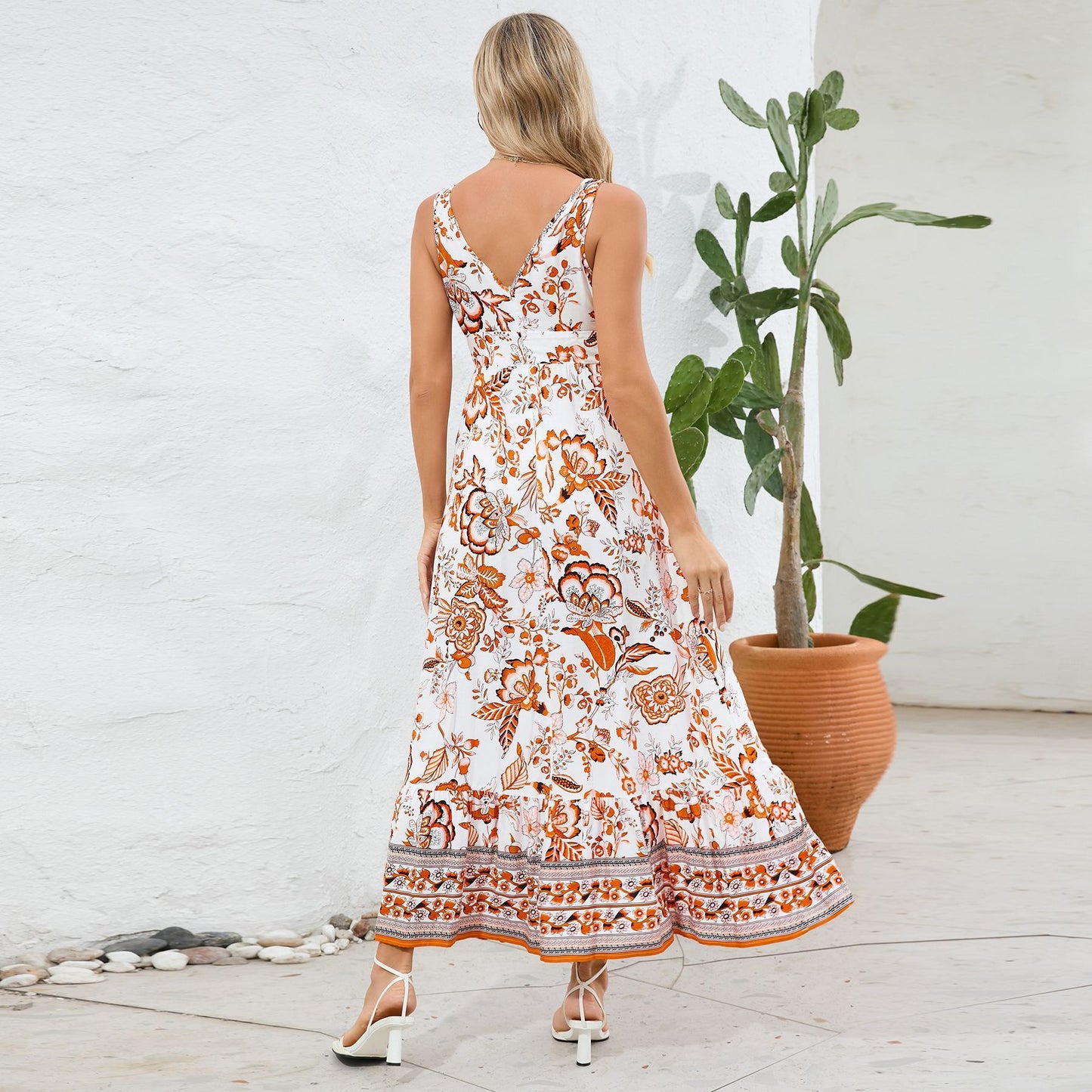 Robe Longue Fleurie à Col en V